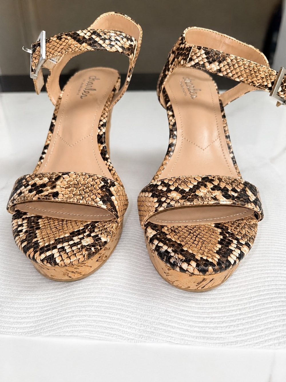 Charles By Charles David Snake-Print Platform Ankle Strap Sandals - Tan/Black